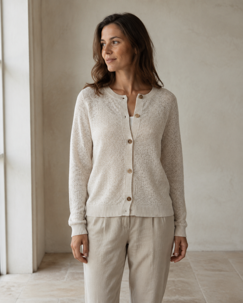Model wearing the Cotton Knit Cardigan in ecru, photographed in soft natural light.