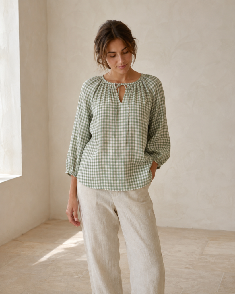 Model wearing the Gingham Tie Blouse in sage gingham, photographed in soft natural light.