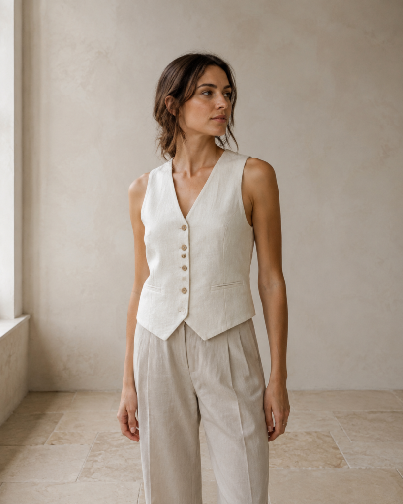 Model wearing the Ivory Linen Waistcoat in ivory, photographed in soft natural light.