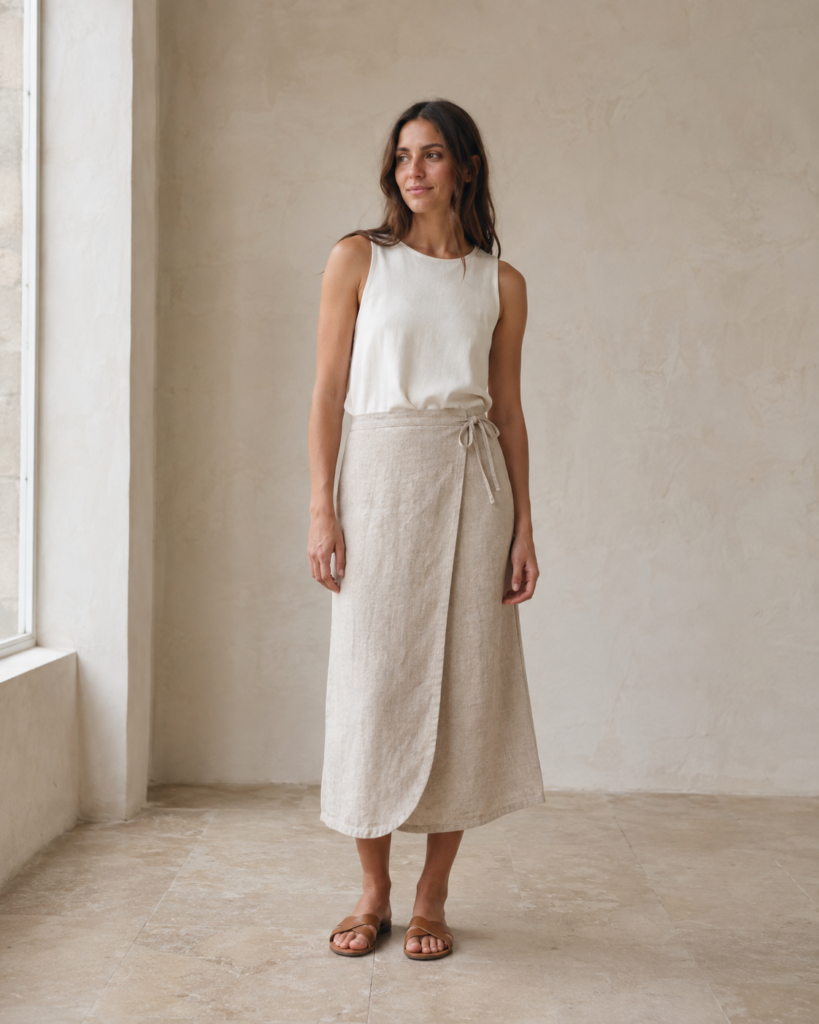 Model wearing the Oatmeal Wrap Skirt in oatmeal, photographed in soft natural light.
