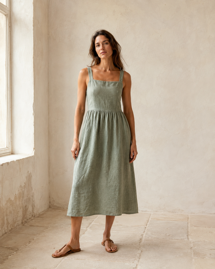 Model wearing the Sage Linen Dress in sage, photographed in soft natural light.