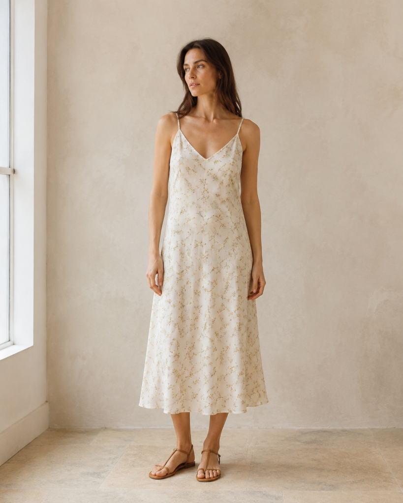 Model wearing the Wildflower Slip Dress in wildflower print, photographed in soft natural light.
