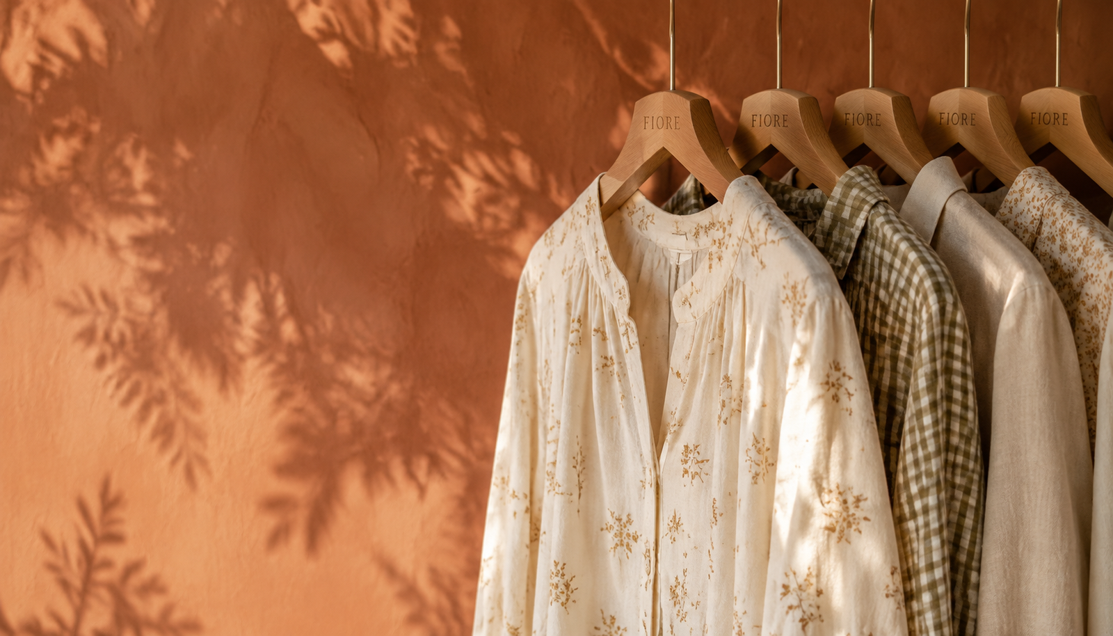 Floral and gingham garments on wooden hangers against a terracotta wall