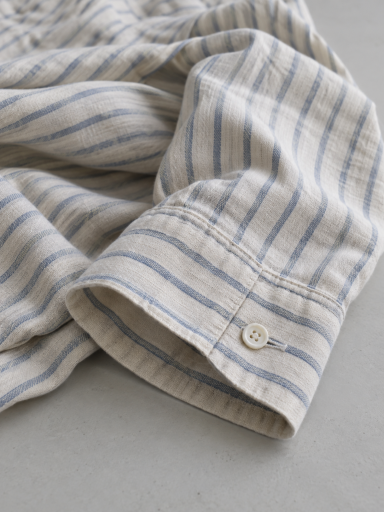 Close-up of the soft blue stripe cotton shirt