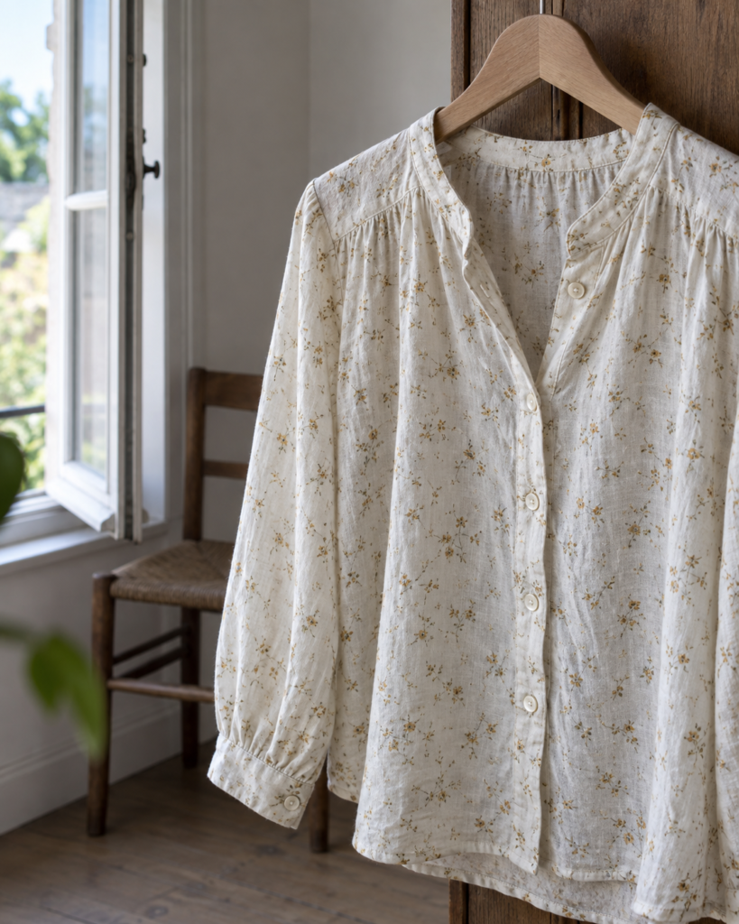 Subtle wildflower print blouse on a wooden hanger beside a window