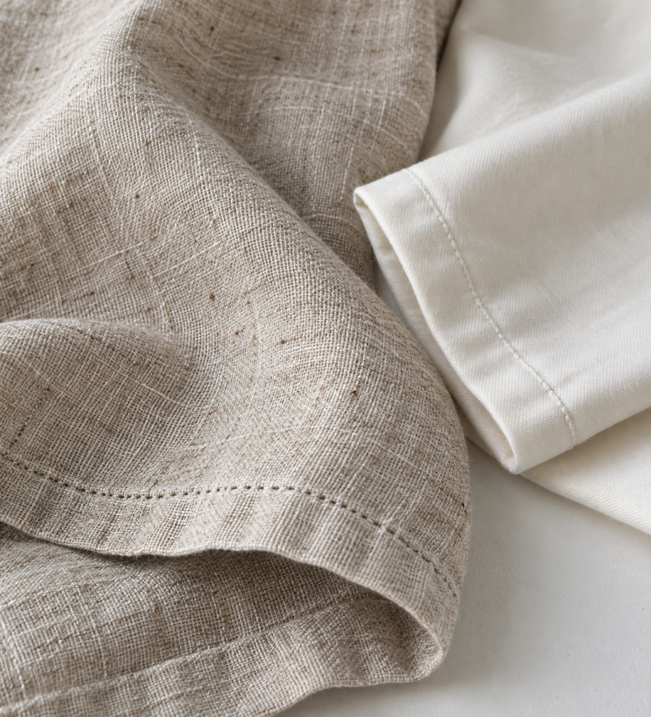 Close-up of oatmeal linen and ivory cotton with softly folded stitched hems