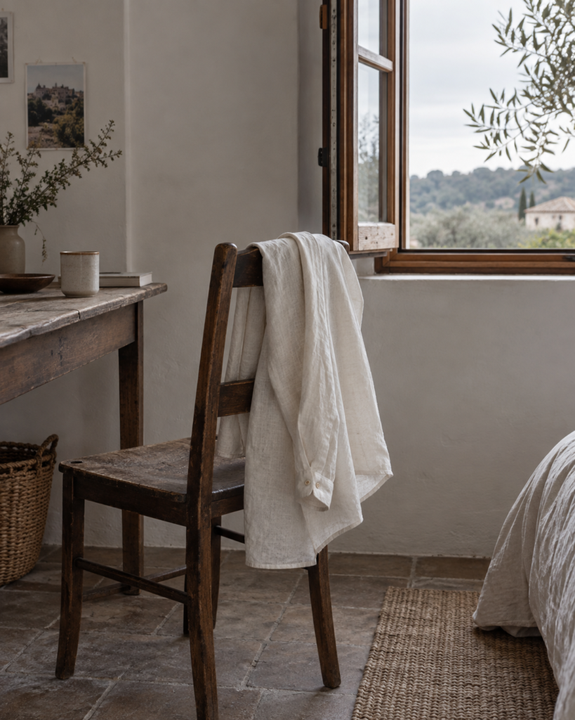 Ivory linen shirt draped over a wooden chair beside an open window