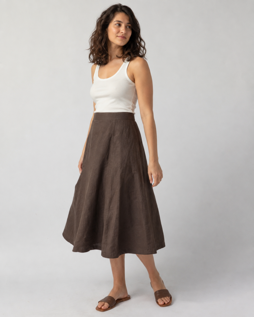 Chocolate Linen A-Line Skirt — front view
