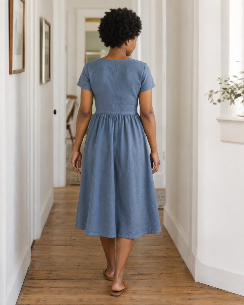 Dusty Blue Linen Dress — back view