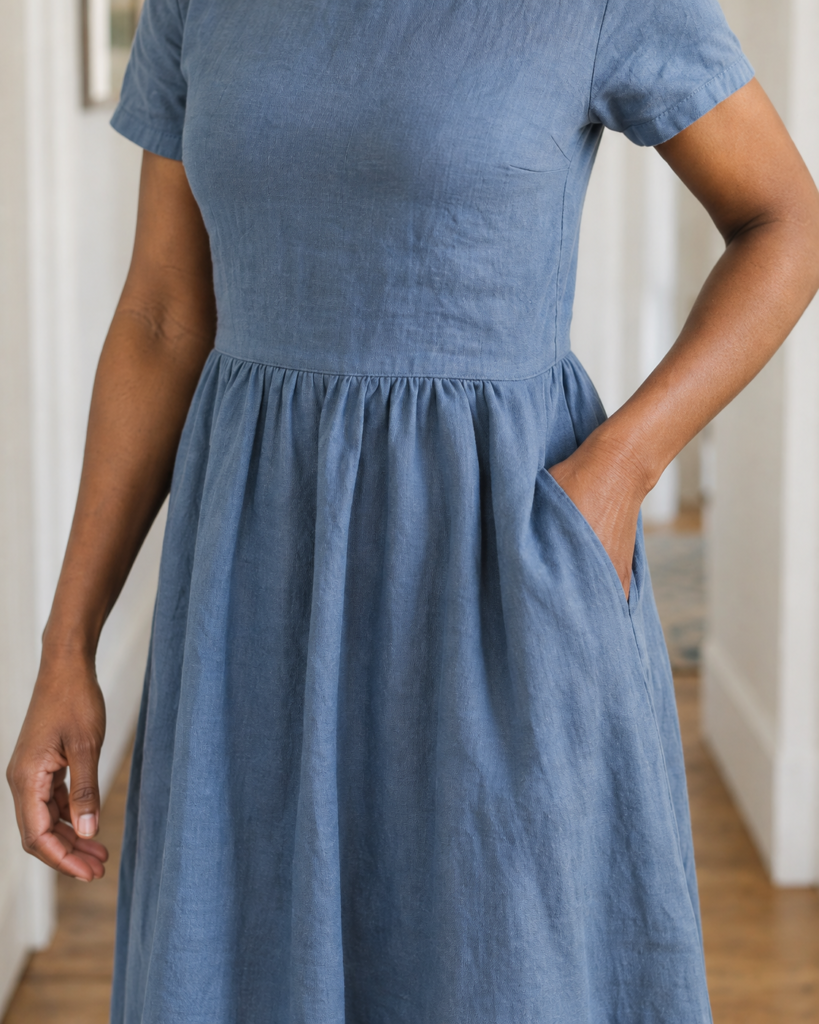 Dusty Blue Linen Dress — fabric detail