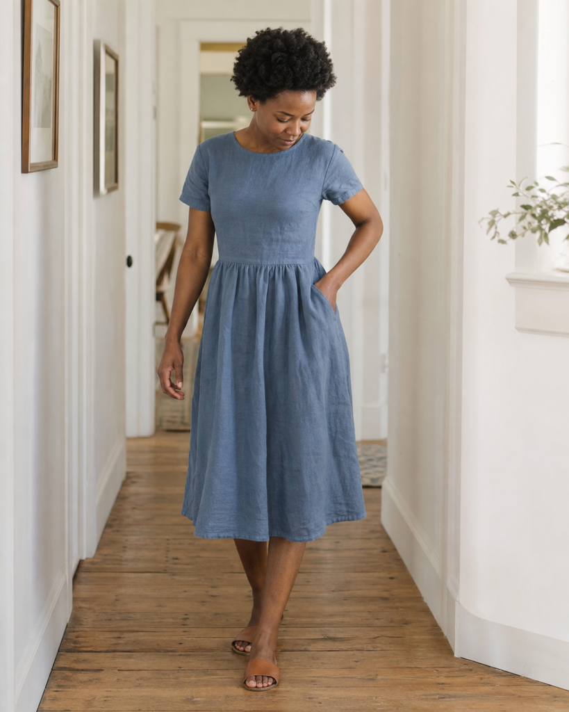 Dusty Blue Linen Dress — front view