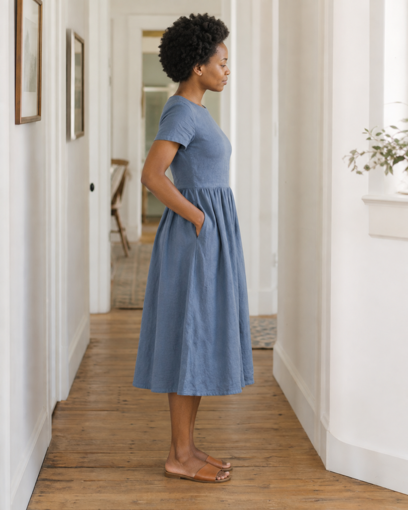 Dusty Blue Linen Dress — side view