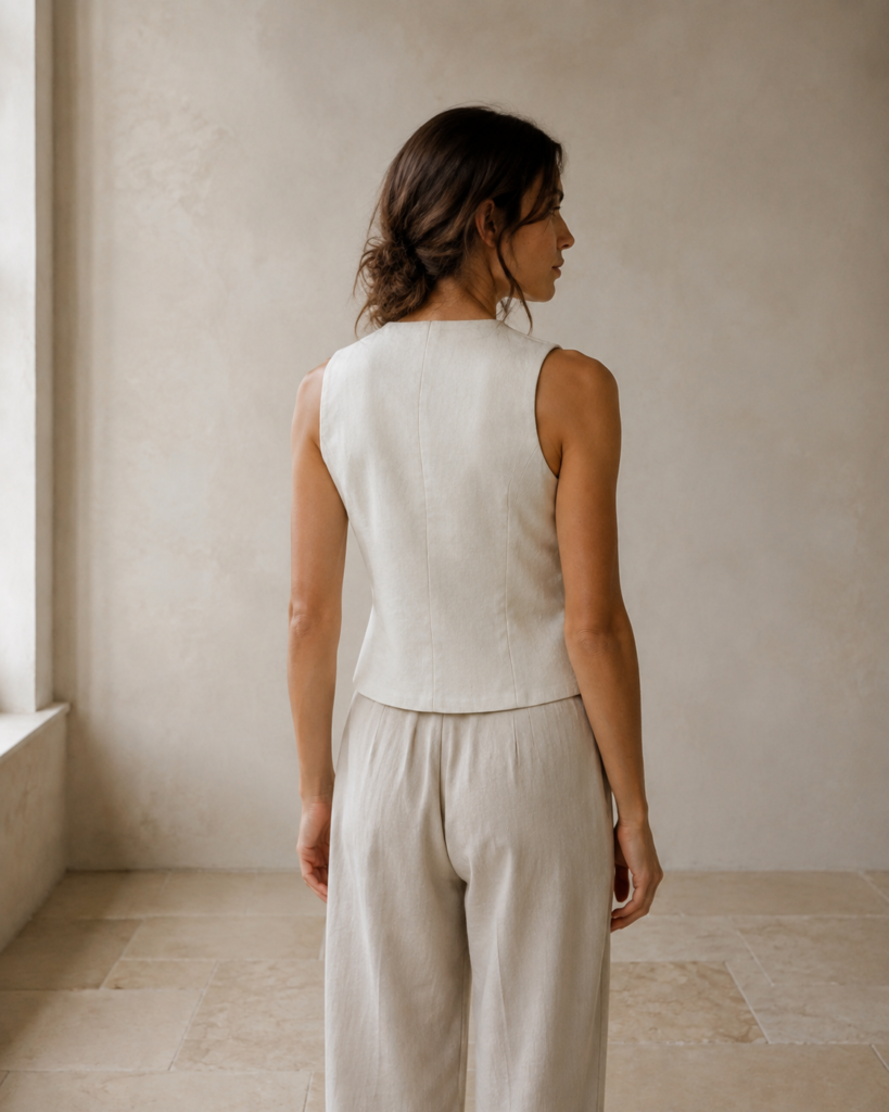 Ivory Linen Waistcoat — back view