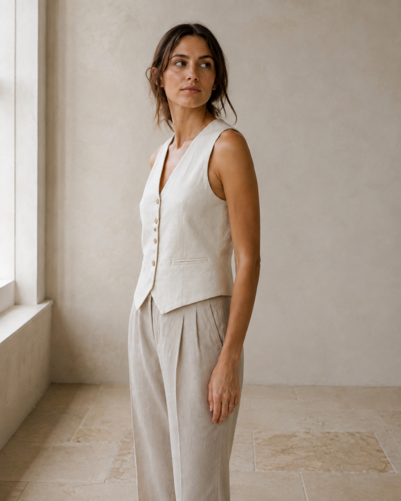 Ivory Linen Waistcoat — side view