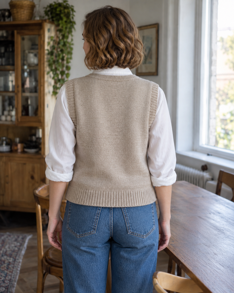 Oatmeal Cotton Knit Vest — back view
