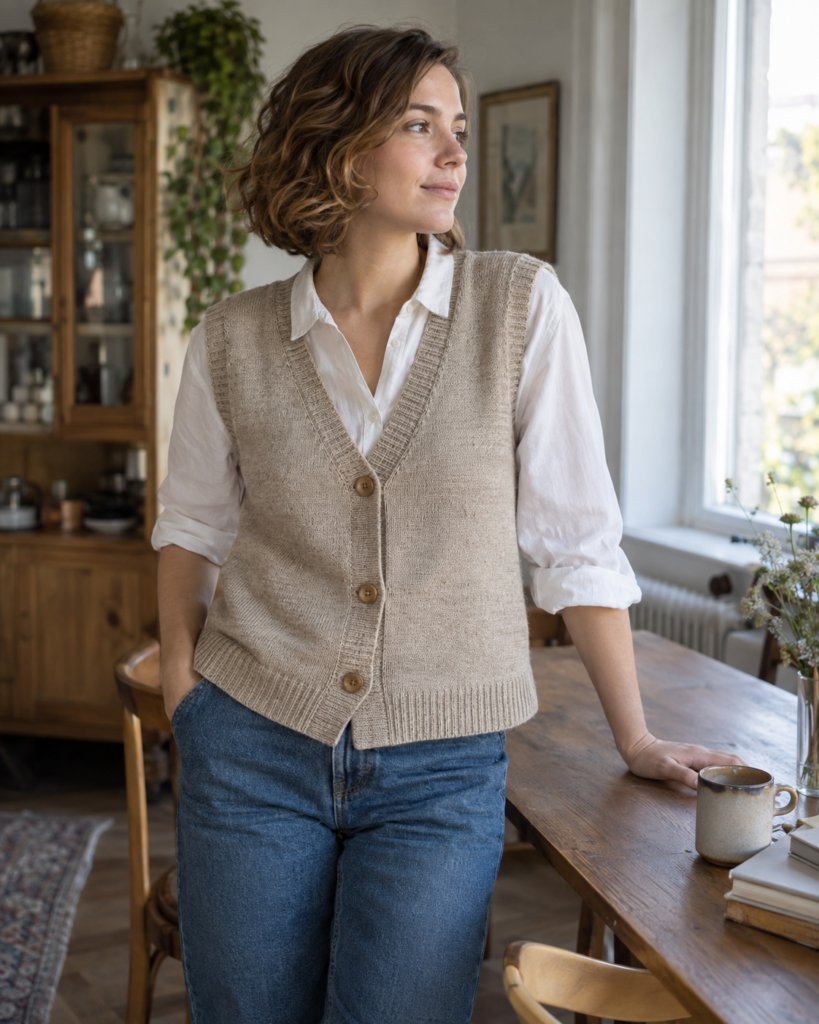 Oatmeal Cotton Knit Vest — front view