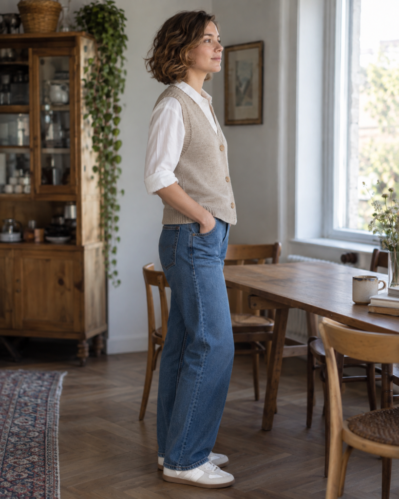 Oatmeal Cotton Knit Vest — side view
