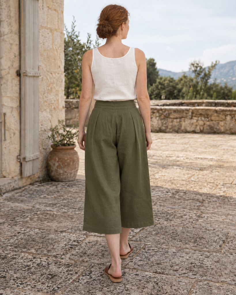 Olive Linen Culottes — back view