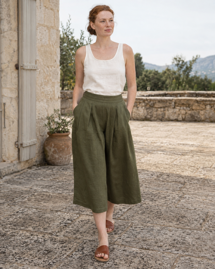 Olive Linen Culottes — front view