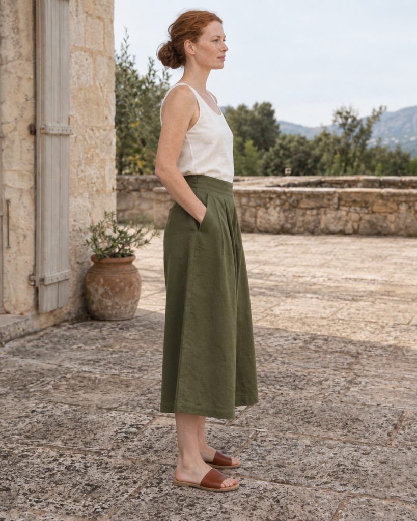 Olive Linen Culottes — side view