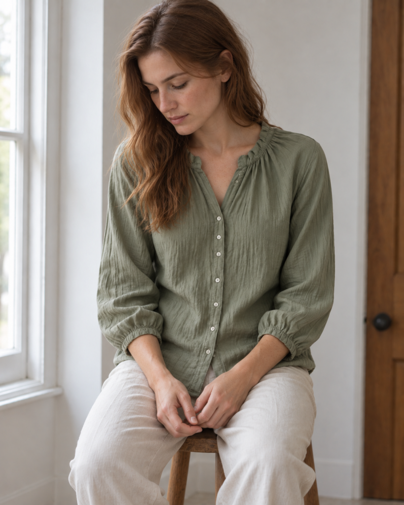 Sage Gathered Blouse — front view