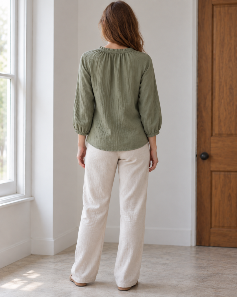 Sage Gathered Blouse — back view