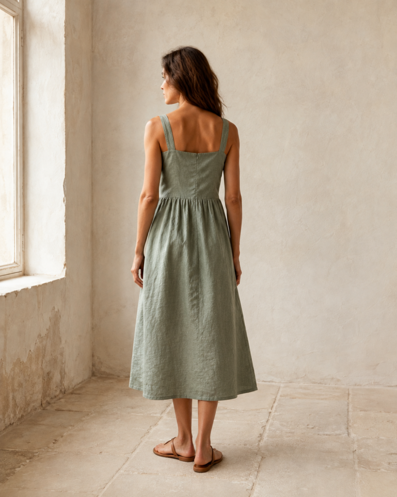 Sage Linen Dress — back view