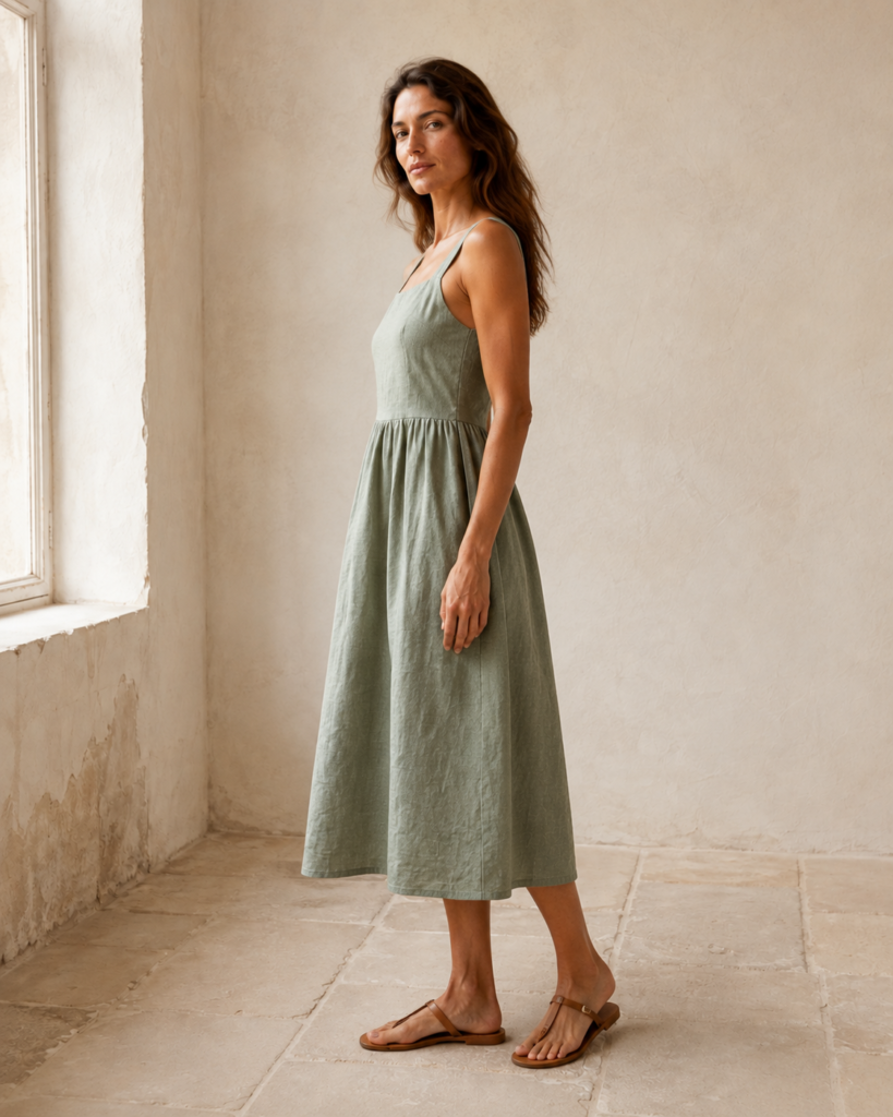 Sage Linen Dress — side view
