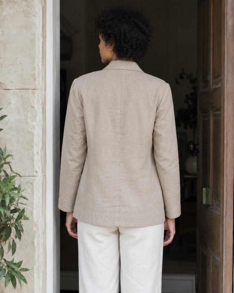 Sand Linen Blazer — back view