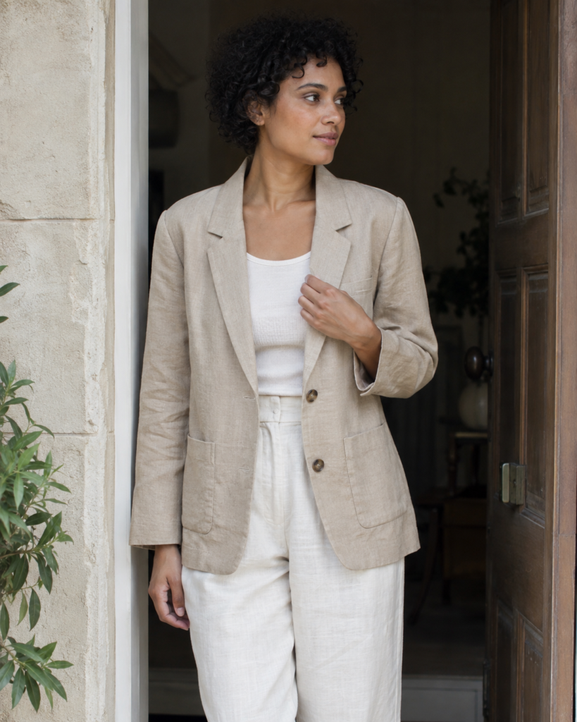 Sand Linen Blazer — front view