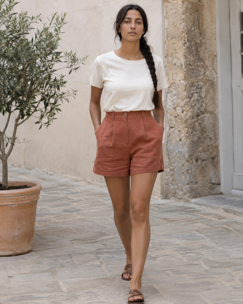 Terracotta Linen Shorts — front view